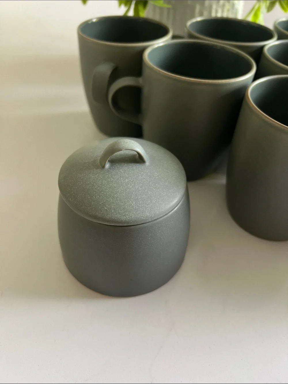 Crate&Barrel Matte Green Ceramic Tea Mugs with Sugar and Creamer
